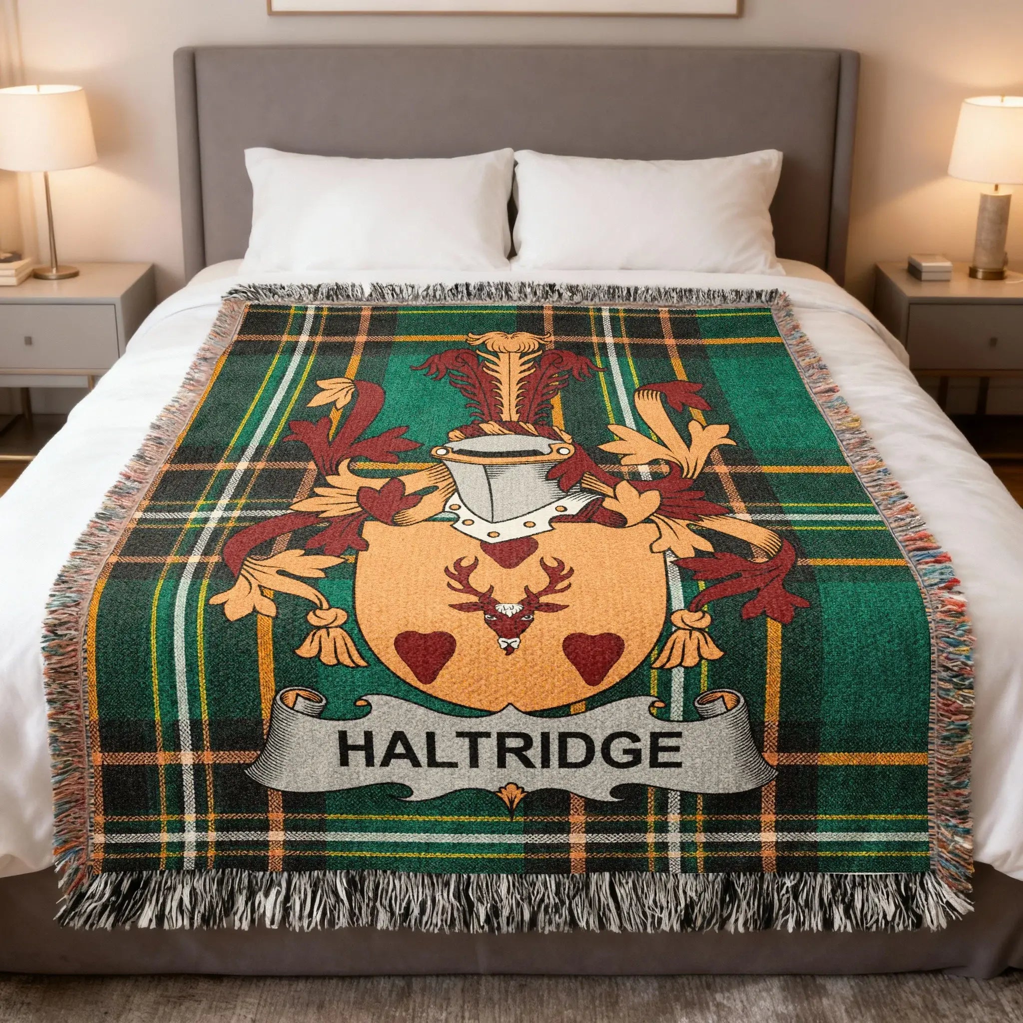 Haldridge family crest on a green plaid woven blanket.