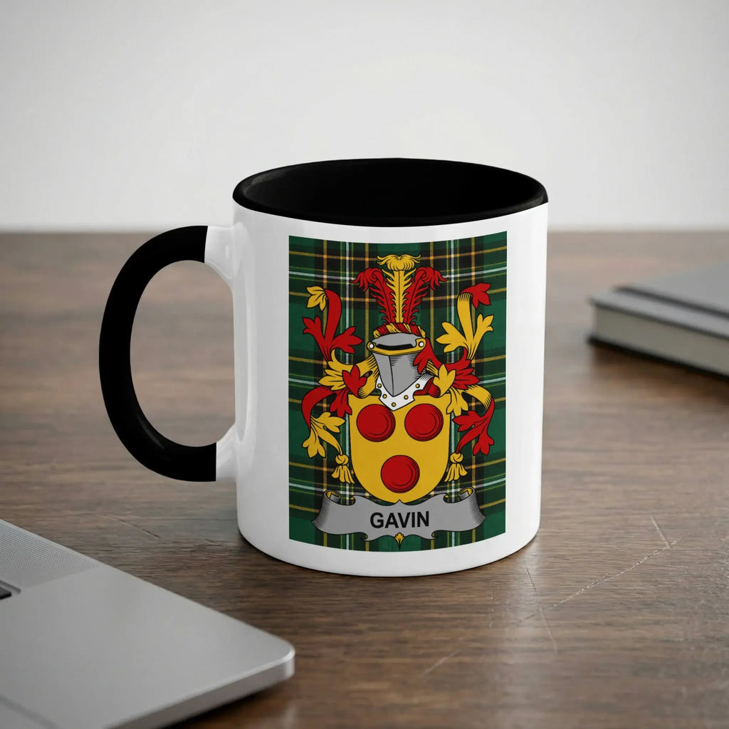 White mug with black handle featuring the Gavin coat of arms.