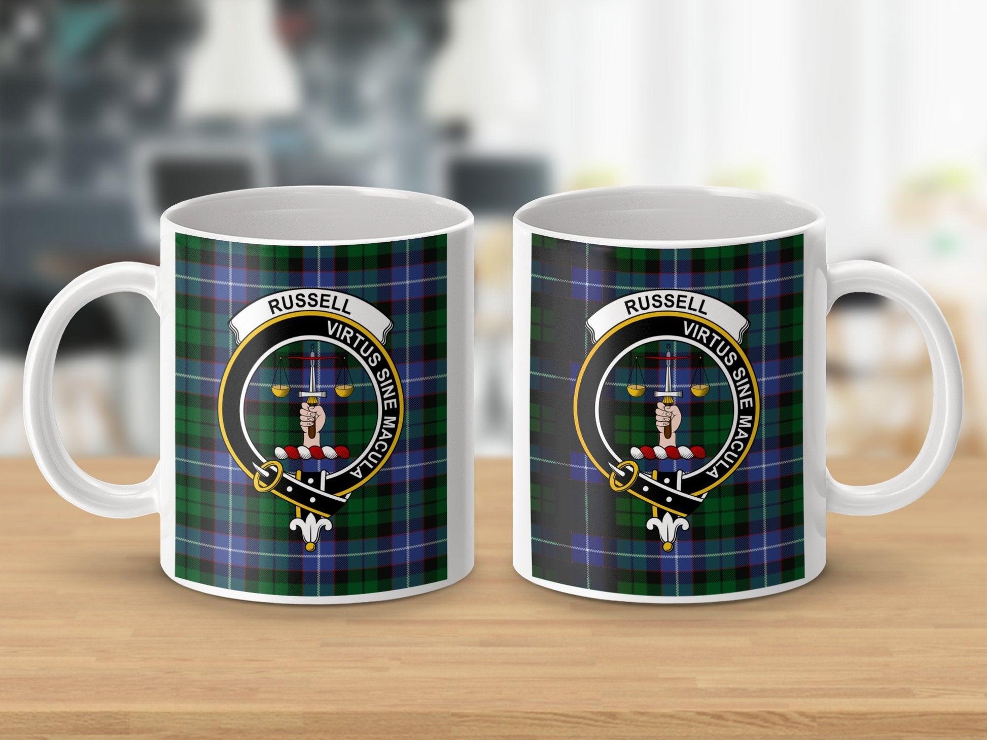 Scottish Clan Russell Tartan Crest Virtus Sine Macula Mug - Living Stone Gifts