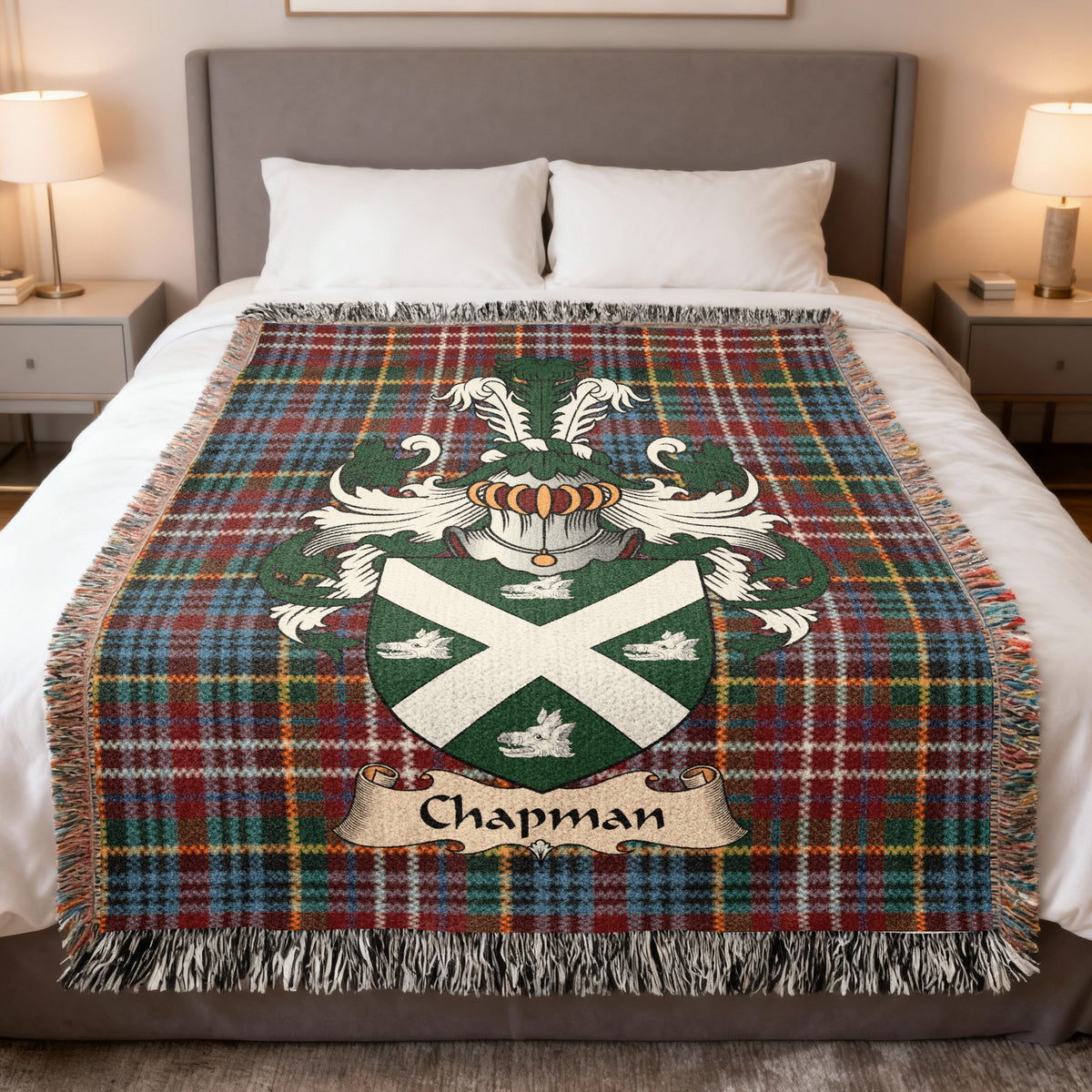Chapman Caledonia tartan heritage woven throw blanket with family shield