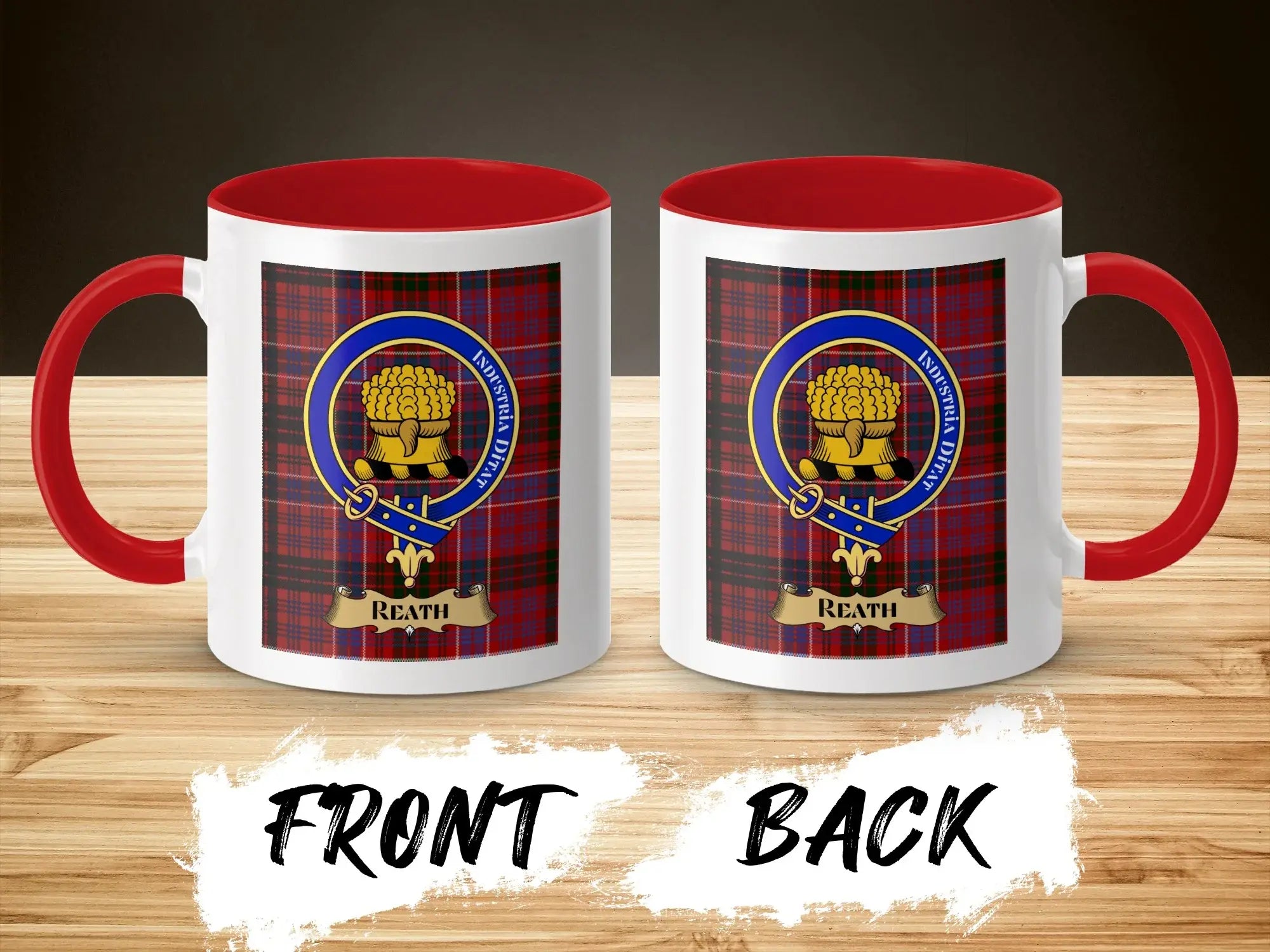 Scottish Clan Reath Tartan Crest Red Handle Mug