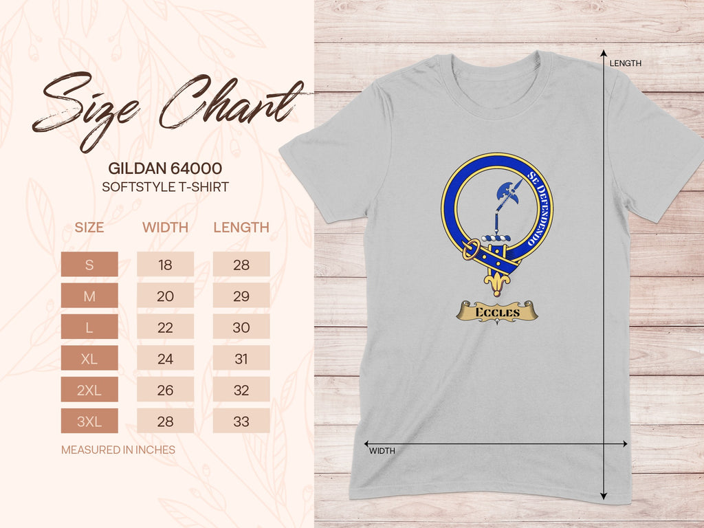Gildan 64000 size chart for Eccles Scottish clan crest T-shirt