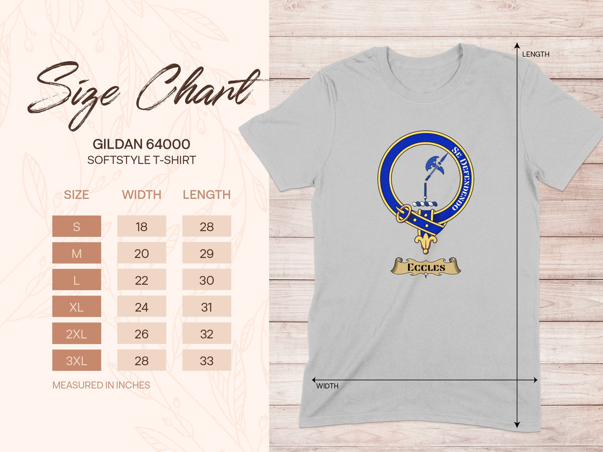 Gildan 64000 size chart for Eccles Scottish clan crest T-shirt