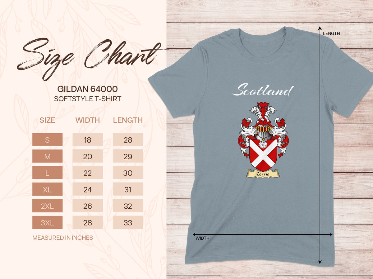 Gildan 64000 size chart for Corrie Scottish family shield T-shirt