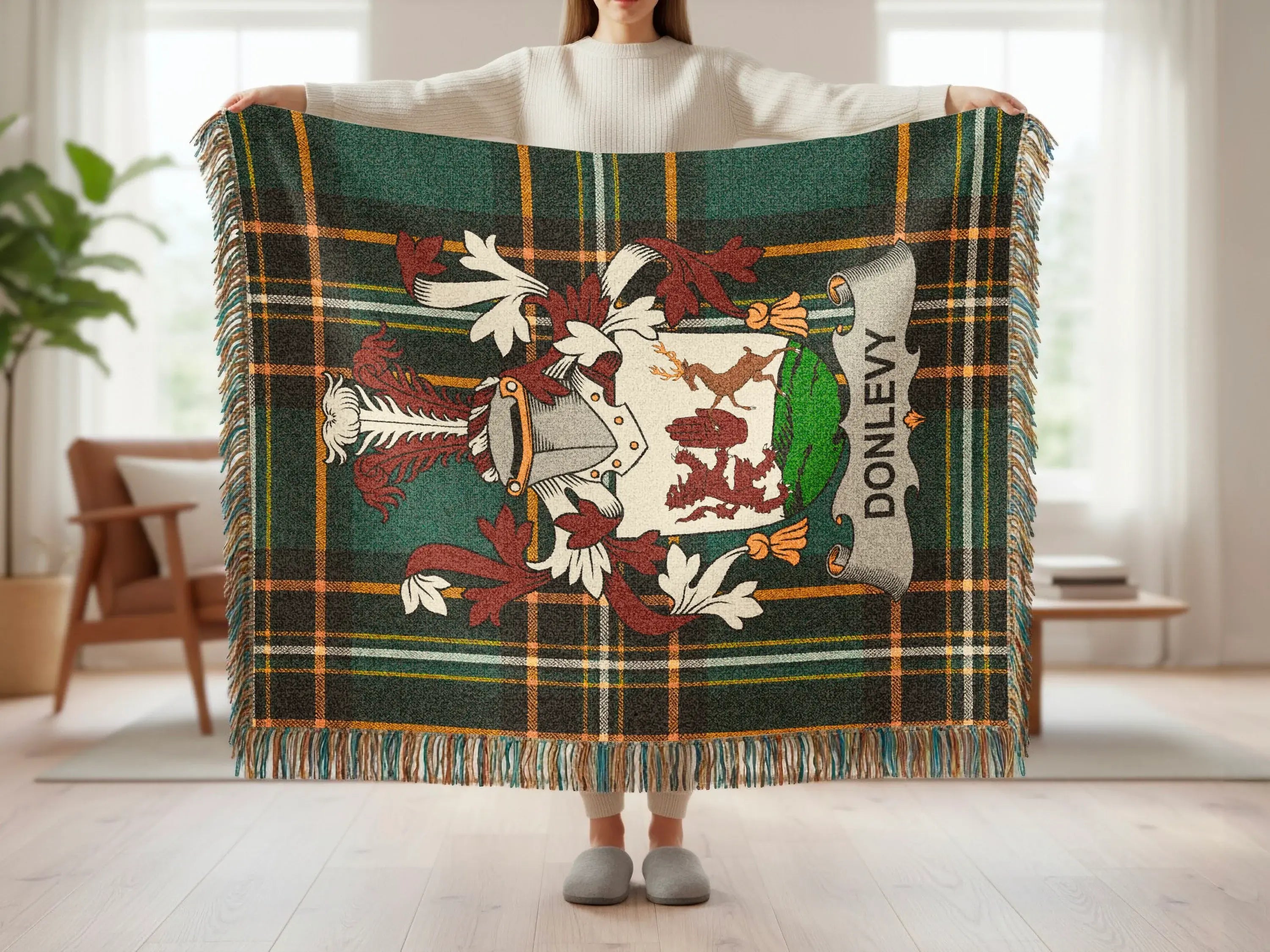 Donlevy Family Crest Plaid Tartan Fringed Blanket product type