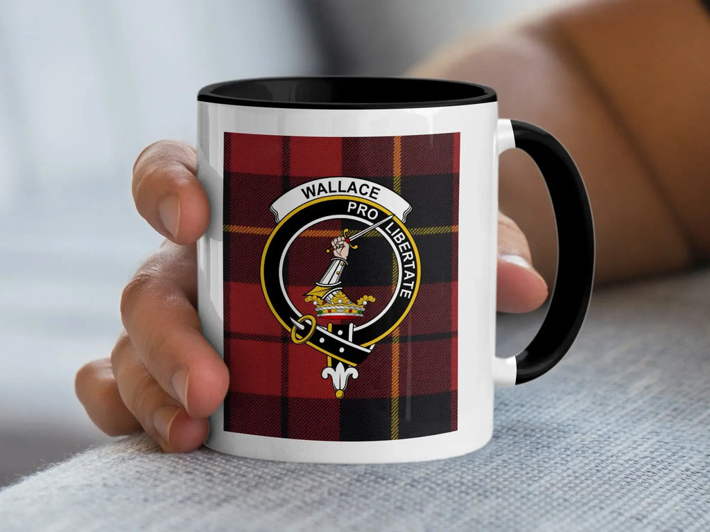 Clan Wallace tartan plaid pro libertate mug — navy handle, glossy ceramic