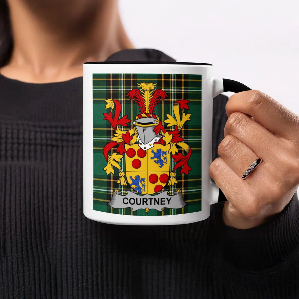 Mug featuring the Courtney family crest on a plaid background.