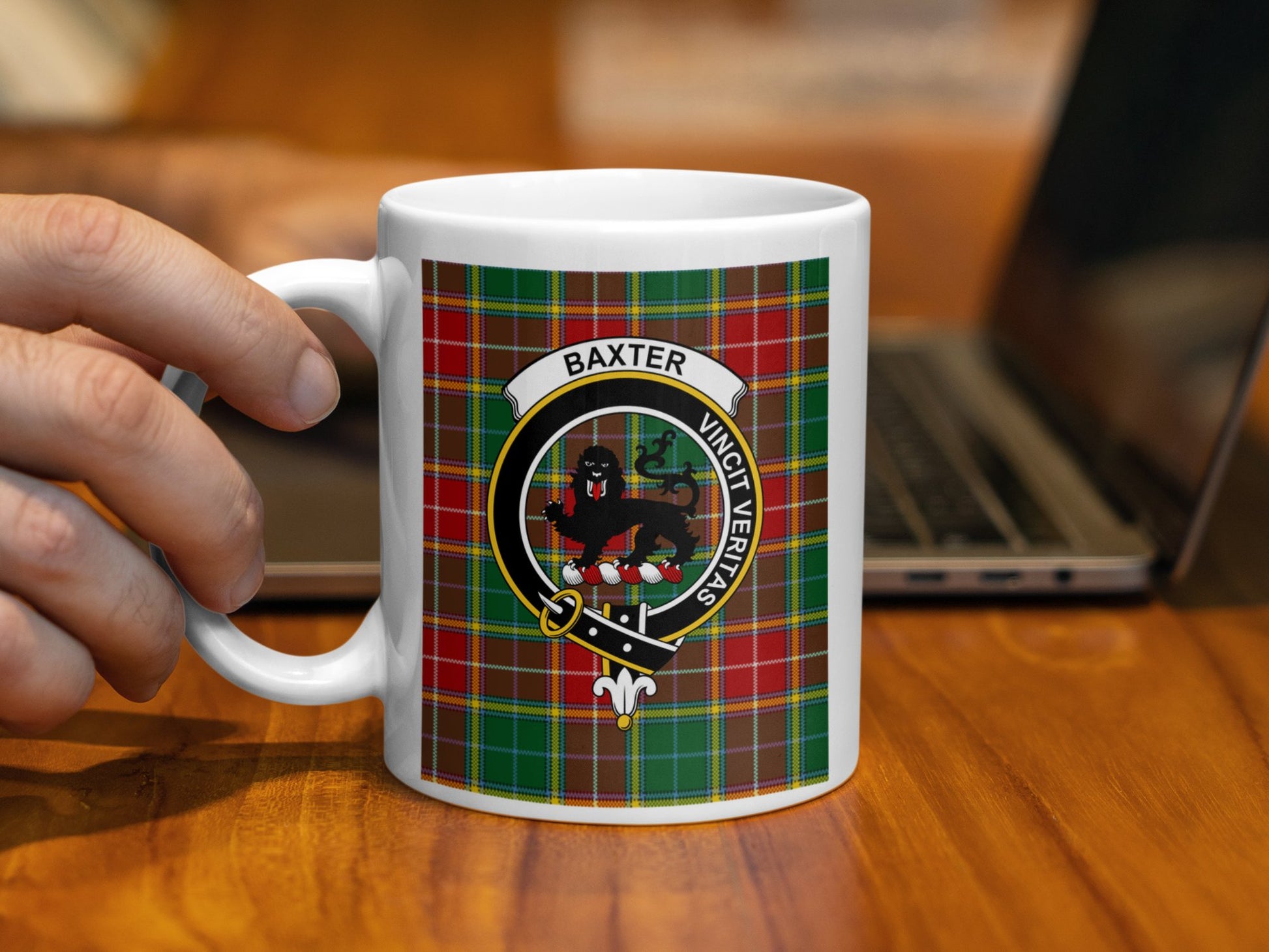 Clan Baxter Crest with Tartan Background Coffee Mug - Living Stone Gifts