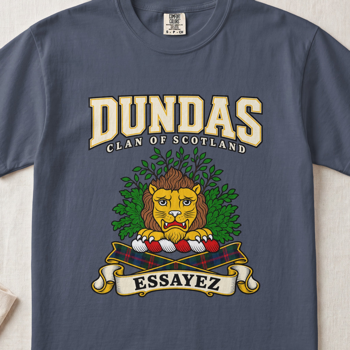 Dundas Scottish clan graphic T-shirt in Midnight, front view