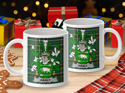 Hanly Surname Family Crest Irish Tartan Mug - Celtic Ancestry Gifts