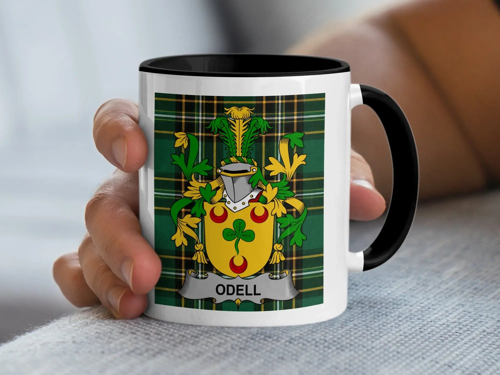 Odell Irish family crest black accent mug on Irish National Tartan