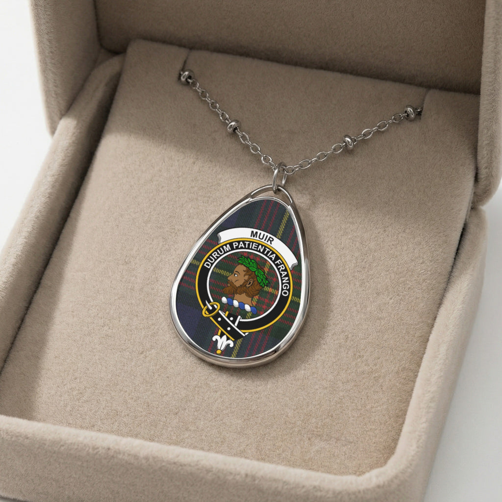 Oval pendant on chain with Muir clan crest and motto "Durum Patientia.”.