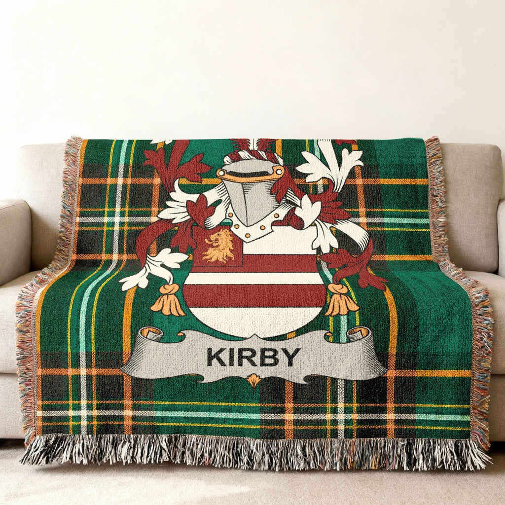 Woven plaid throw blanket featuring the Kirby family crest.