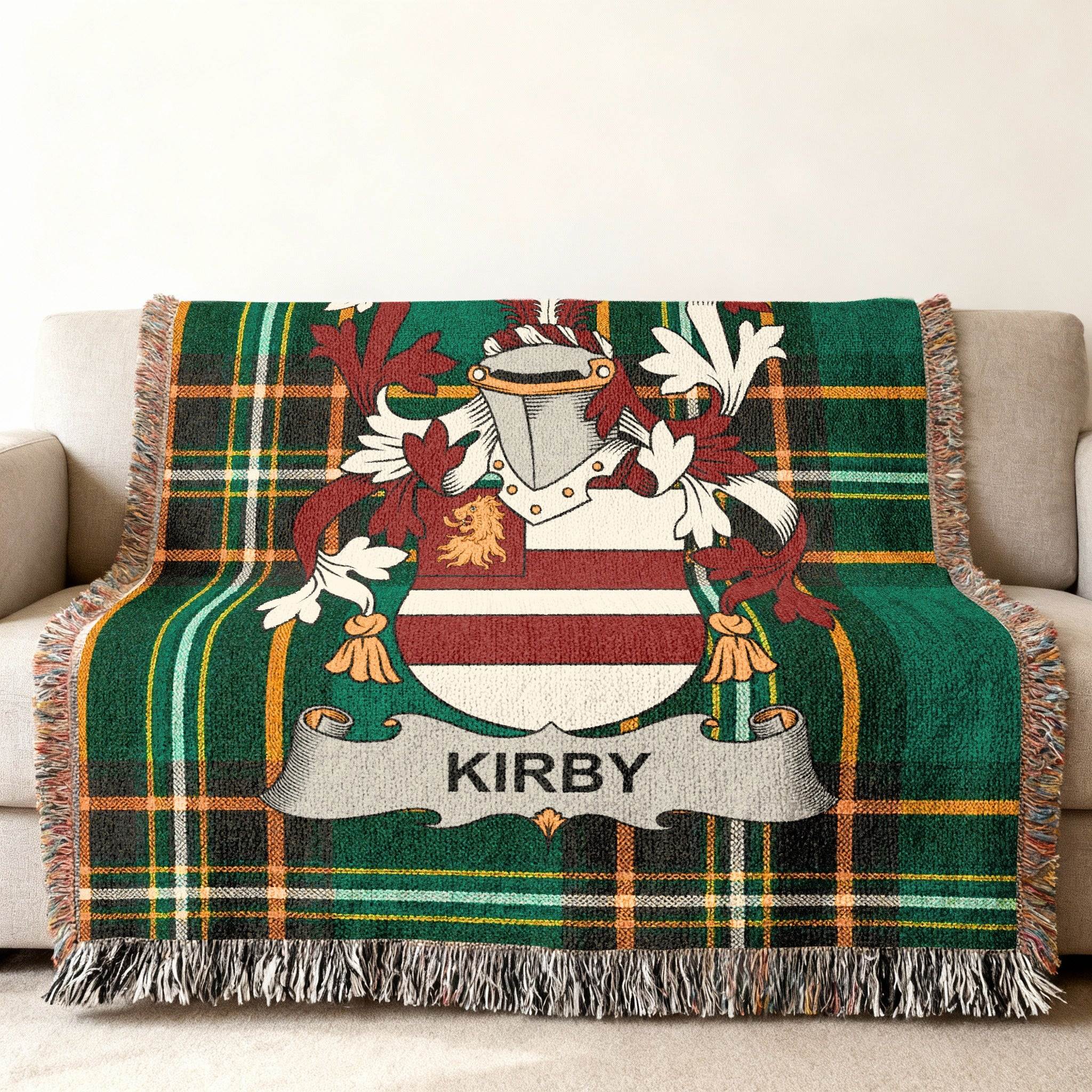 Woven plaid throw blanket featuring the Kirby family crest.