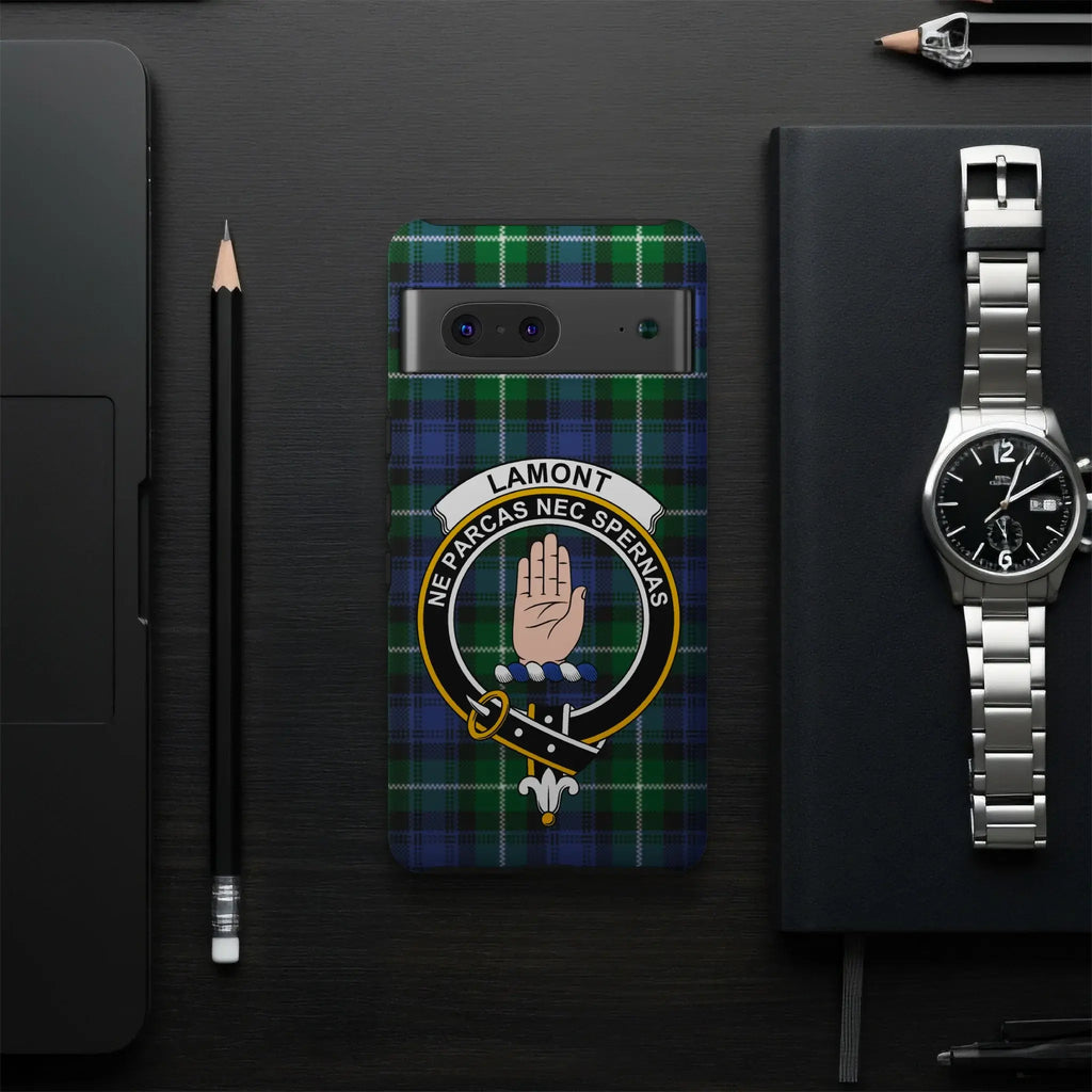 Lamont clan crest tartan phone case accessory — full Neither Spare Nor Despise design visible