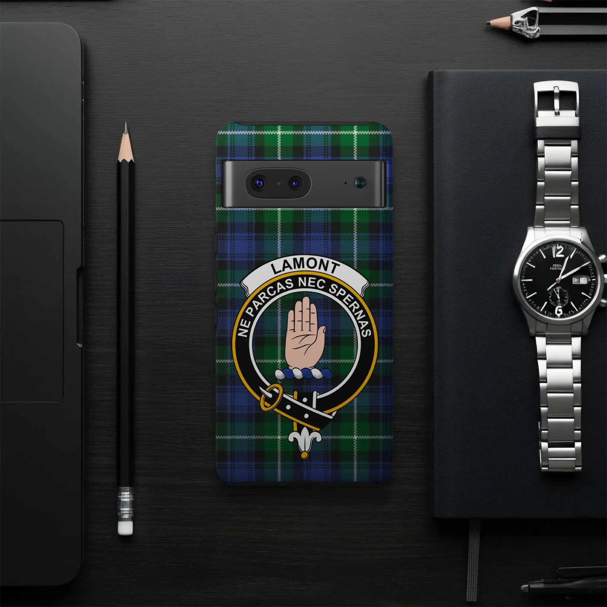 Lamont clan crest tartan phone case accessory — full Neither Spare Nor Despise design visible