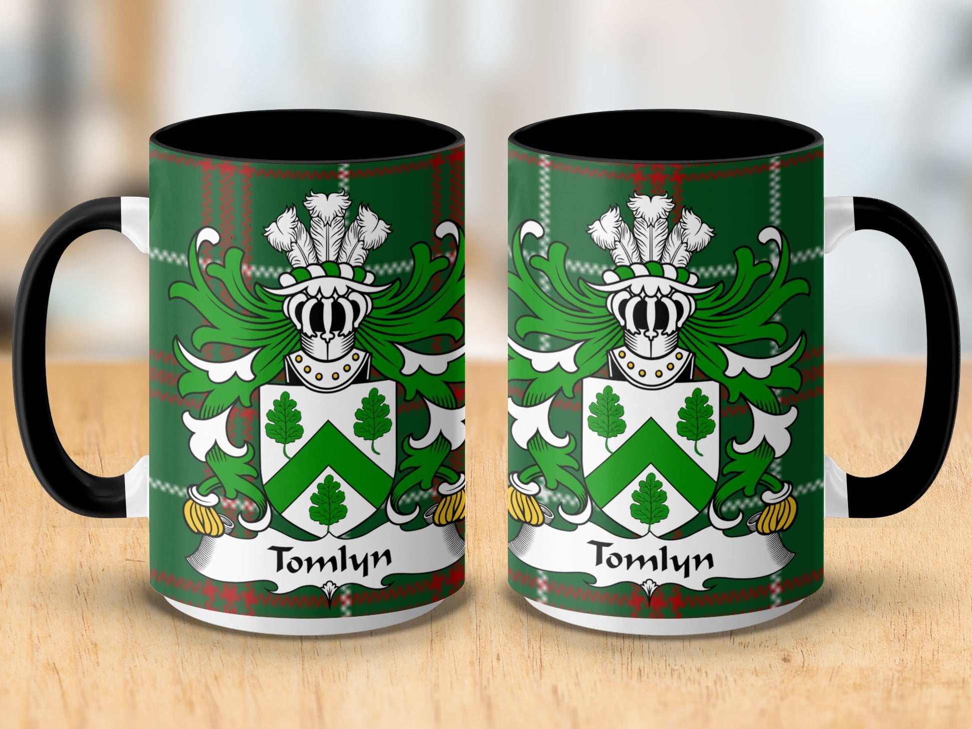 Tomlyn Welsh Surname Tartan Background Coat of Arms Mug - Living Stone Gifts