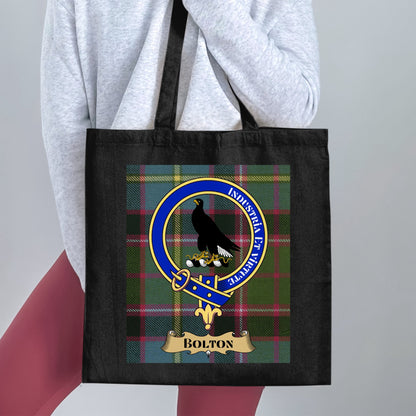 Bolton Scottish Clan Crest on Tartan Background Tote Bag - Living Stone Gifts