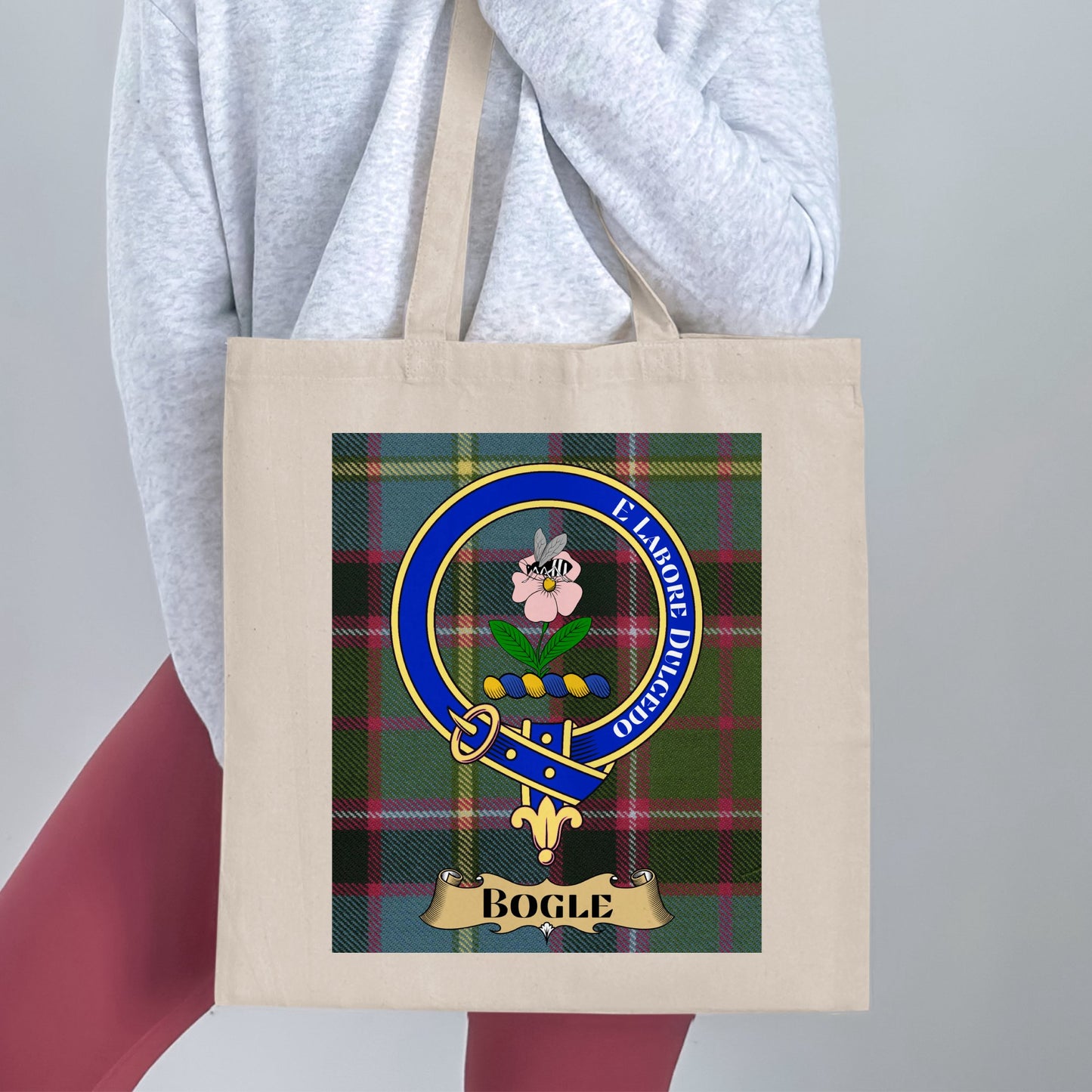 Bogle Clan Crest Scottish Tartan Background Tote Bag - Living Stone Gifts