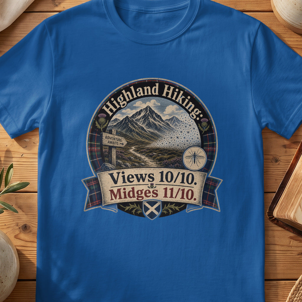 T-shirt graphic with "Highland Hiking" text and a scenic mountain view with "Views 10/10. Midges 11/10."
