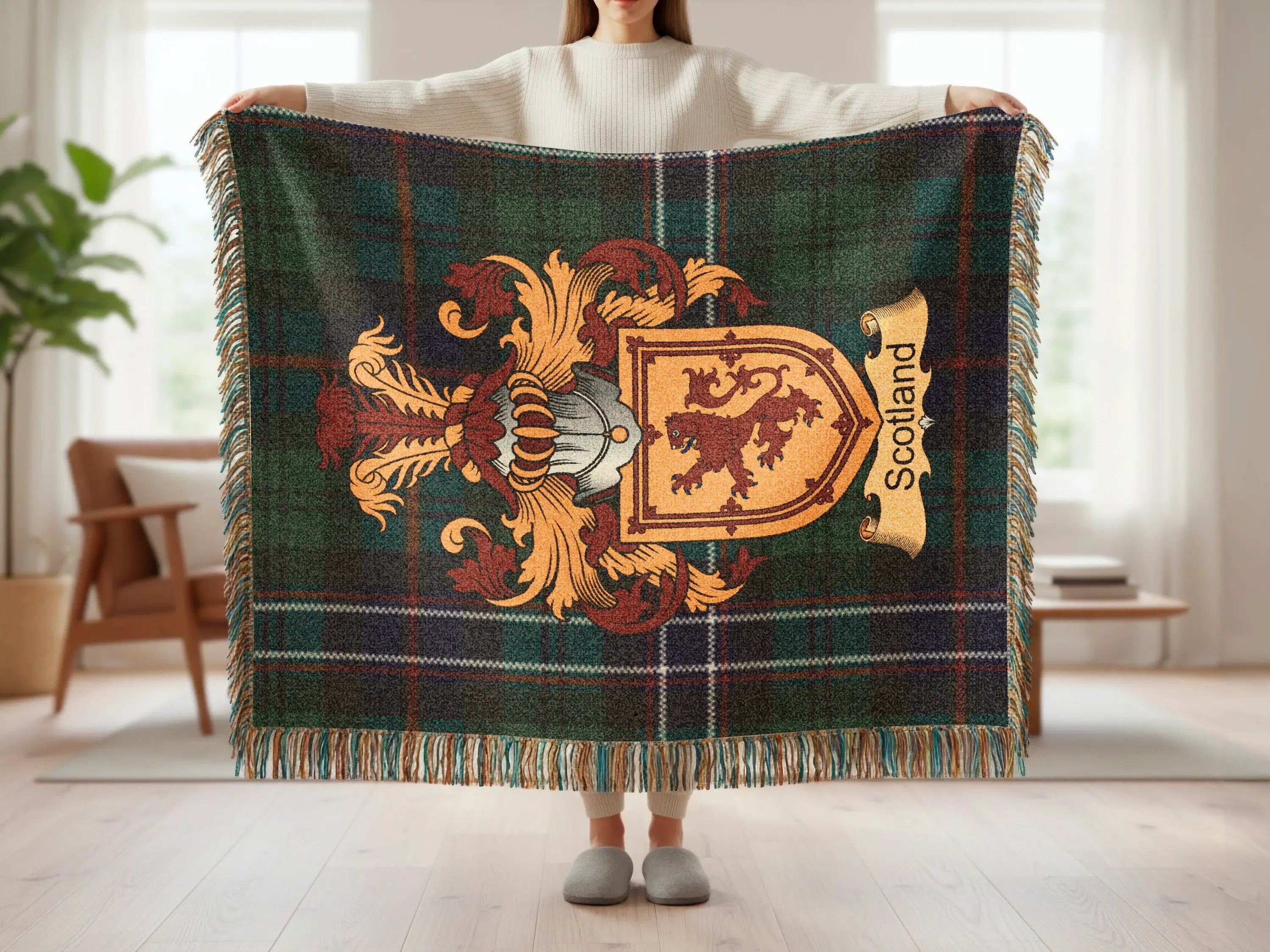 Tartan blanket with Scotland crest featuring a lion rampant.