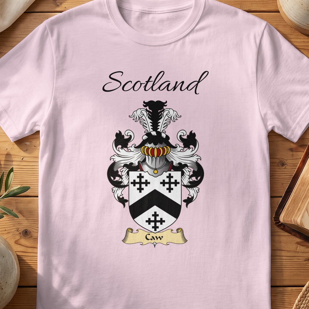 Light Pink Caw Scottish family shield T-shirt featuring a black chevron between black crosses