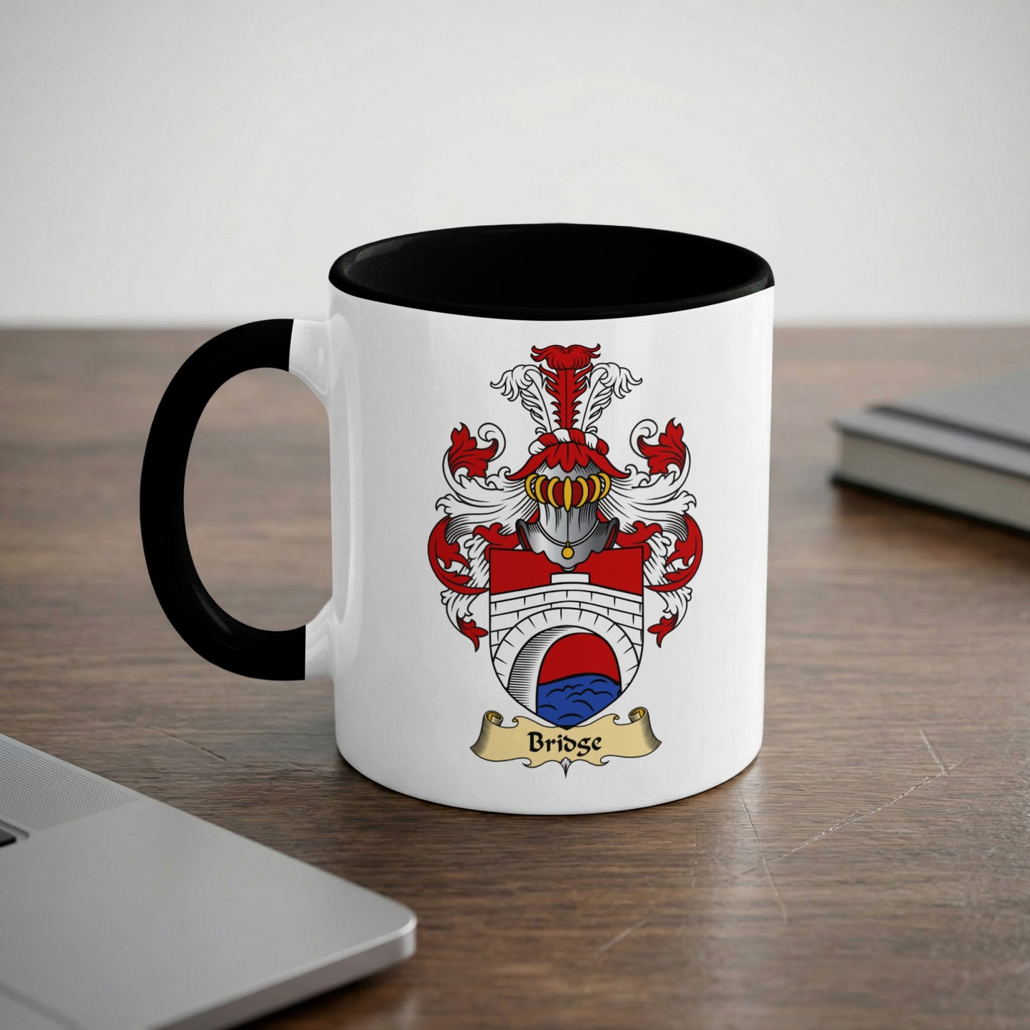 White mug with black rim featuring a coat of arms with "Bridge" text.
