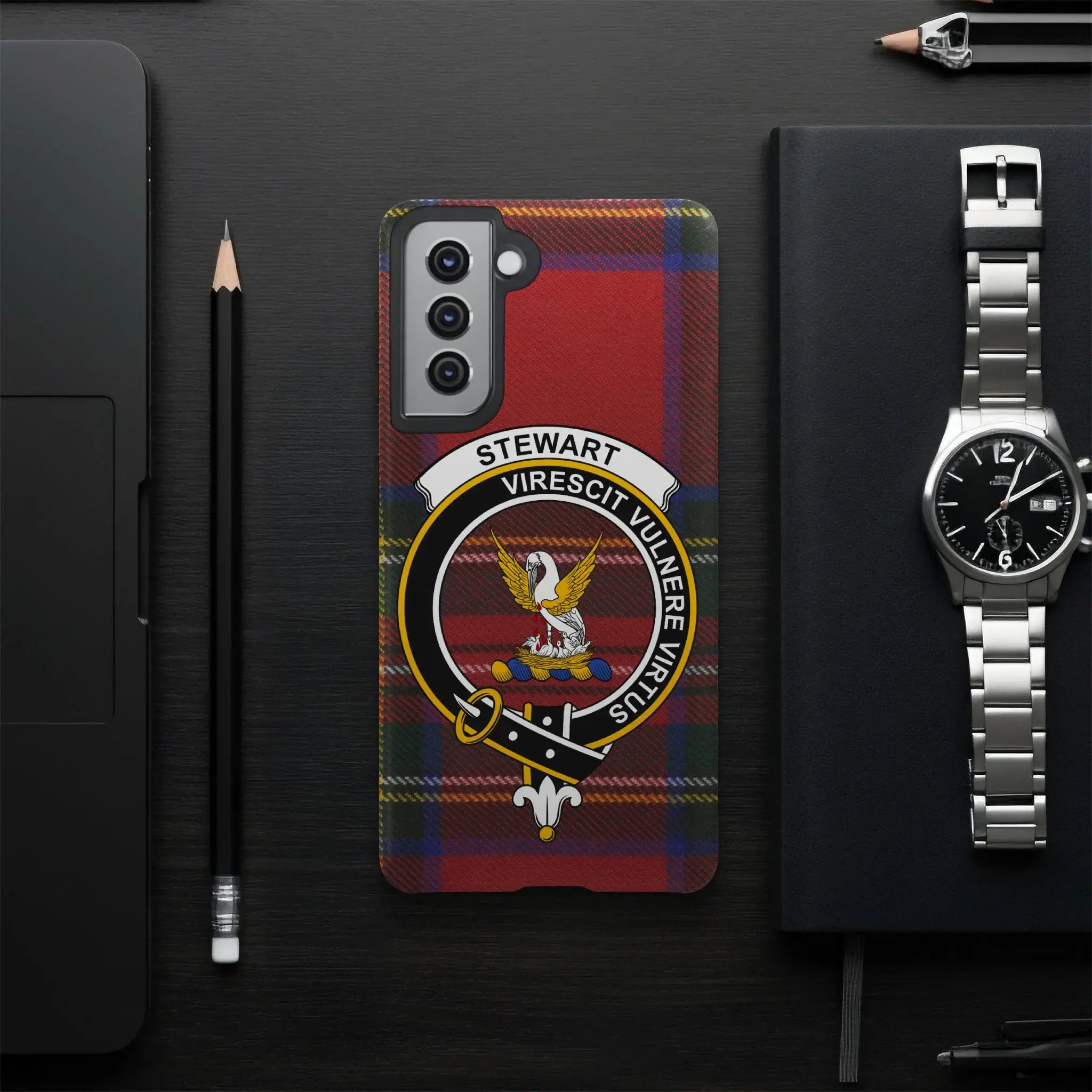 Stewart virescit vulnere virtus tartan phone case — red and green plaid, Samsung variant