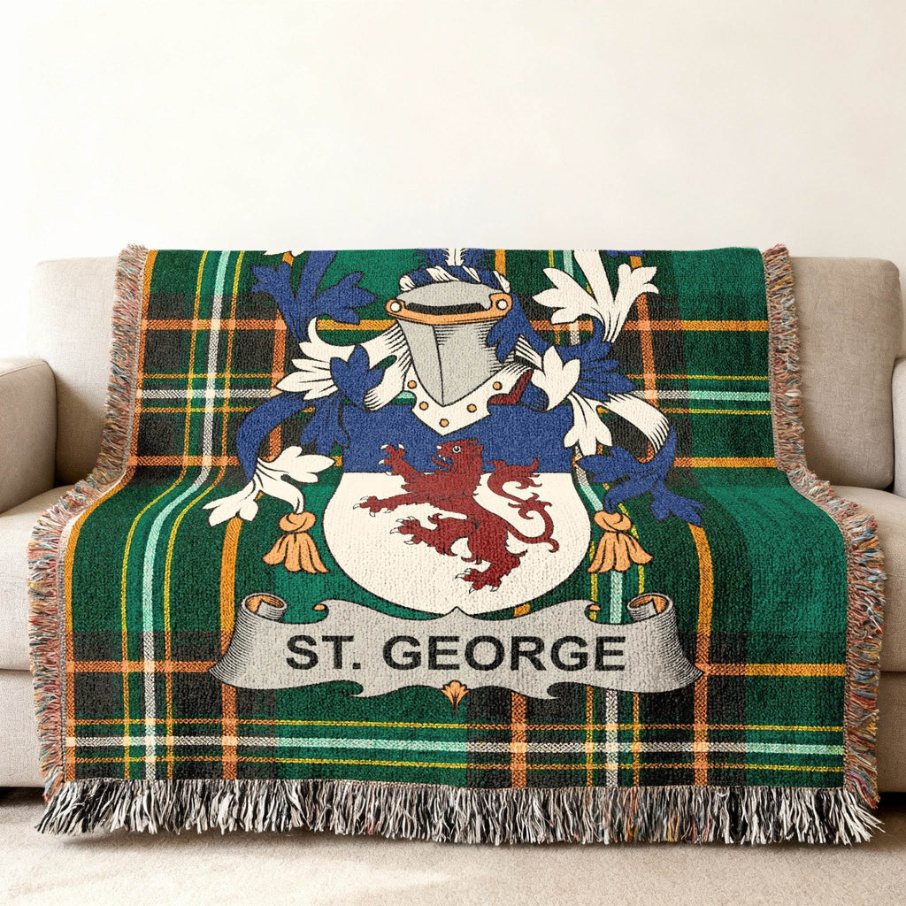 St. George crest on green tartan plaid throw blanket.