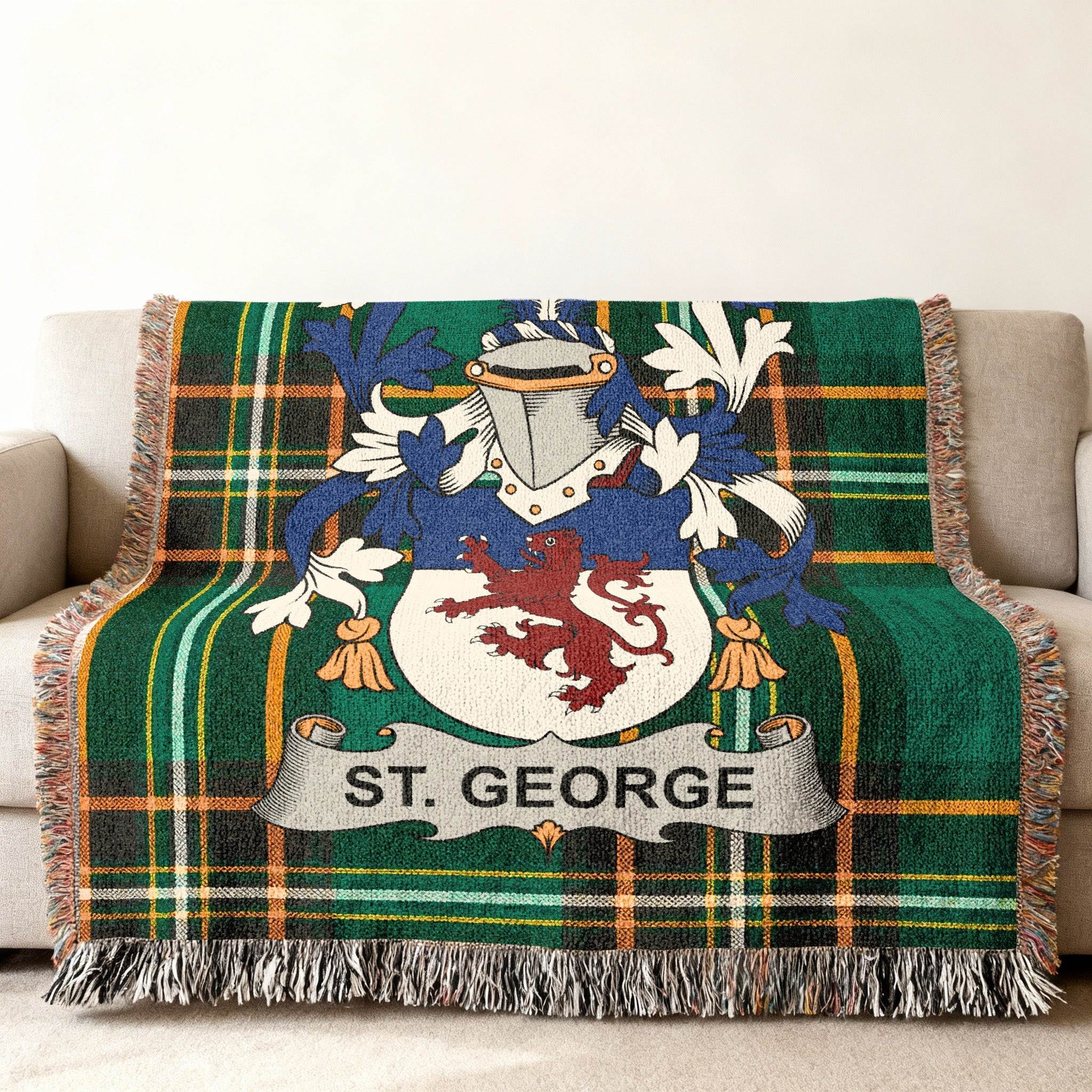 St. George crest on green tartan plaid throw blanket.