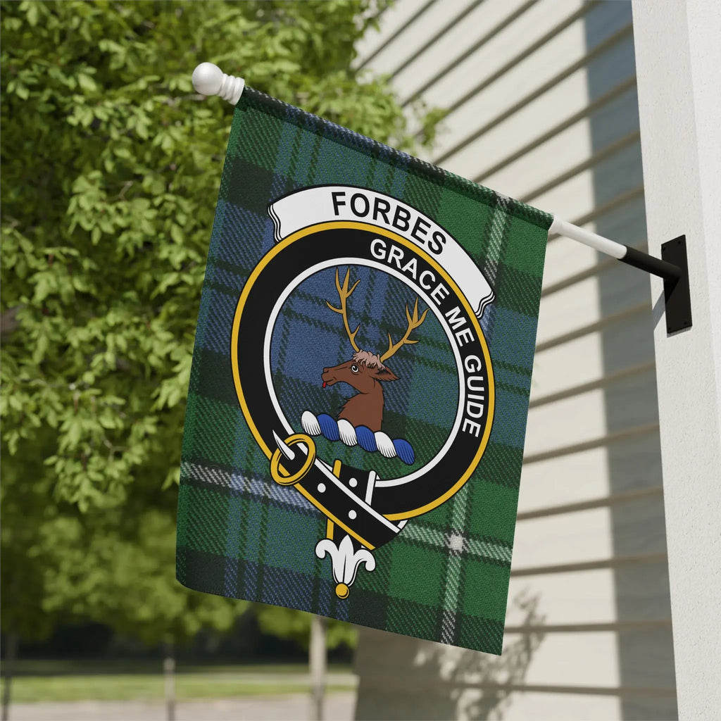 Forbes clan tartan garden flag with deer head crest — 12x18 poly poplin-canvas, Grace Me Guide