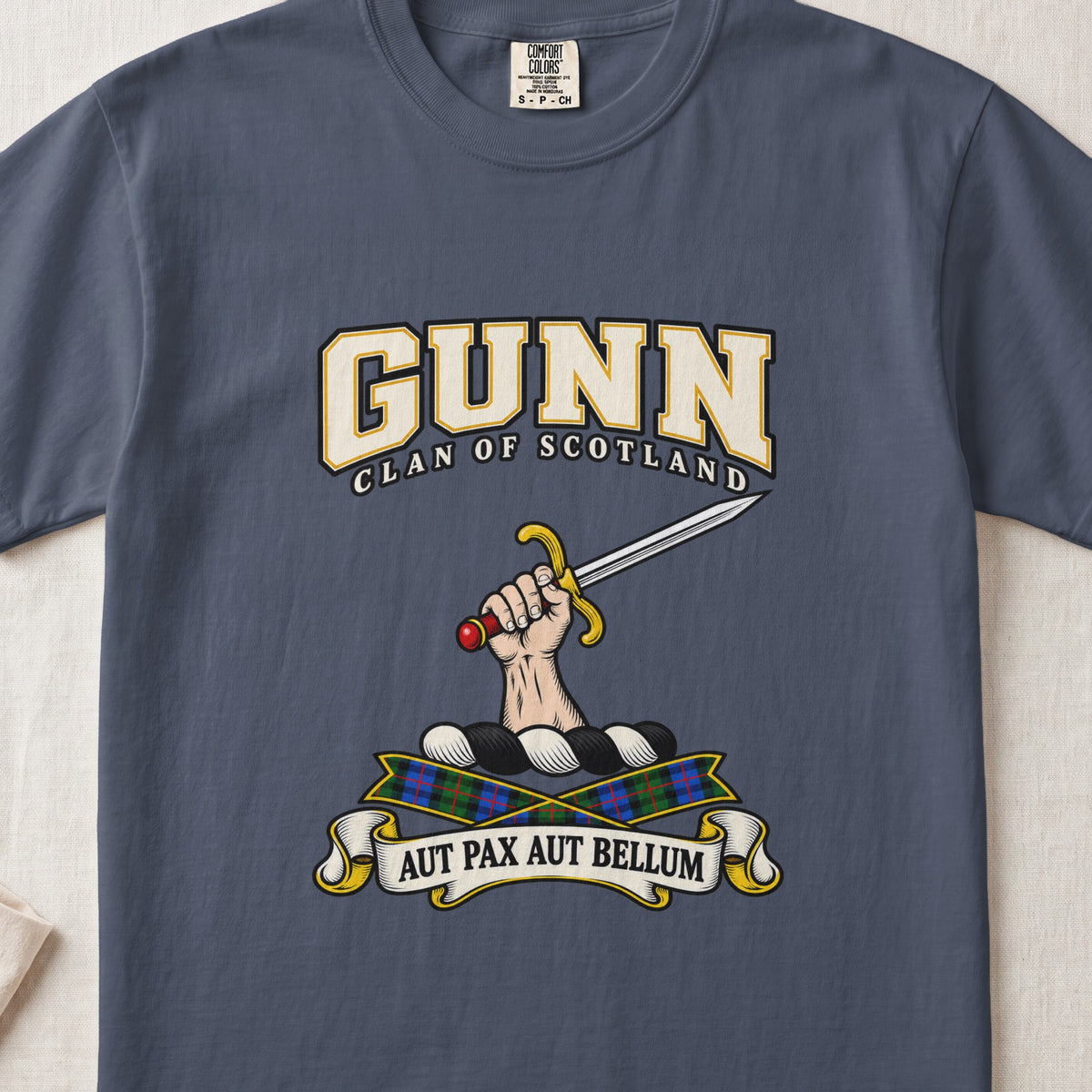 Gunn graphic T-shirt in Midnight blue, front flat lay showing varsity lettering and hand and forearm holding a straight silver sword with gold guard and red pommel.