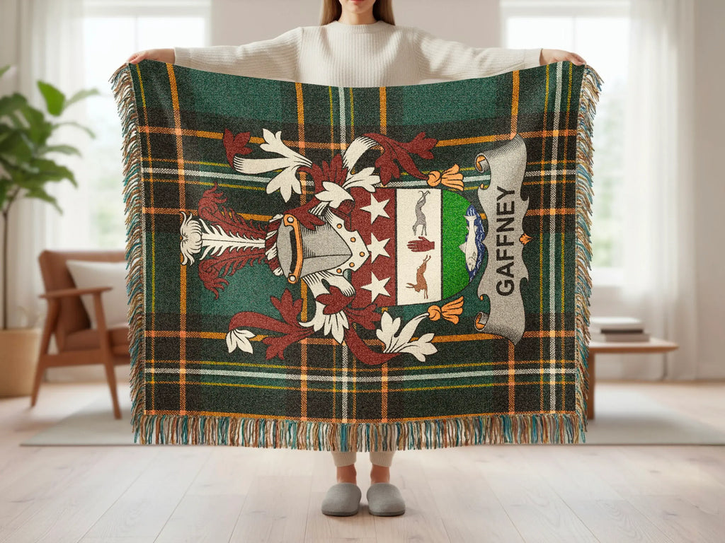 Tartan blanket with crest and "Gaffney" text.