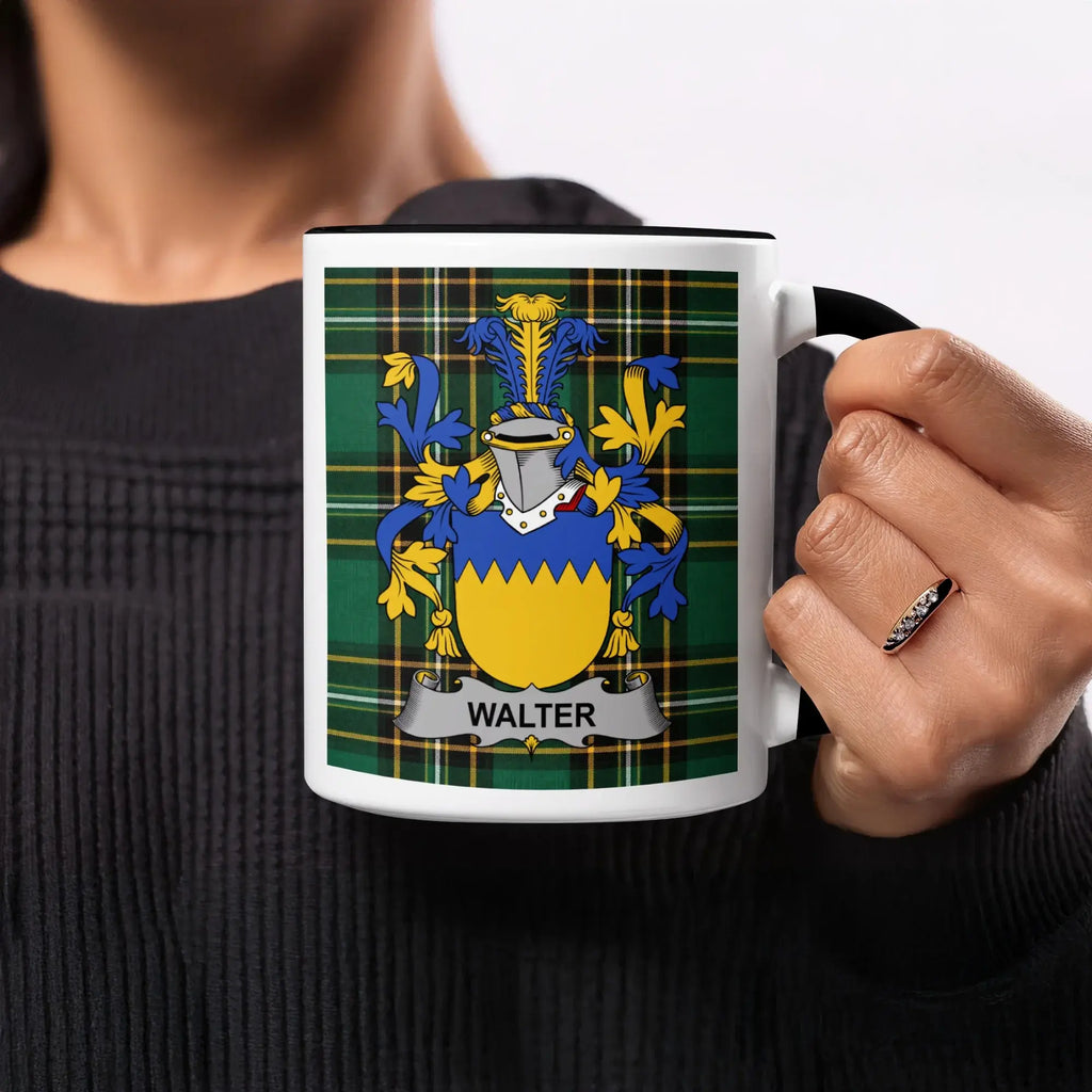Mug with Walter family crest on green tartan background.