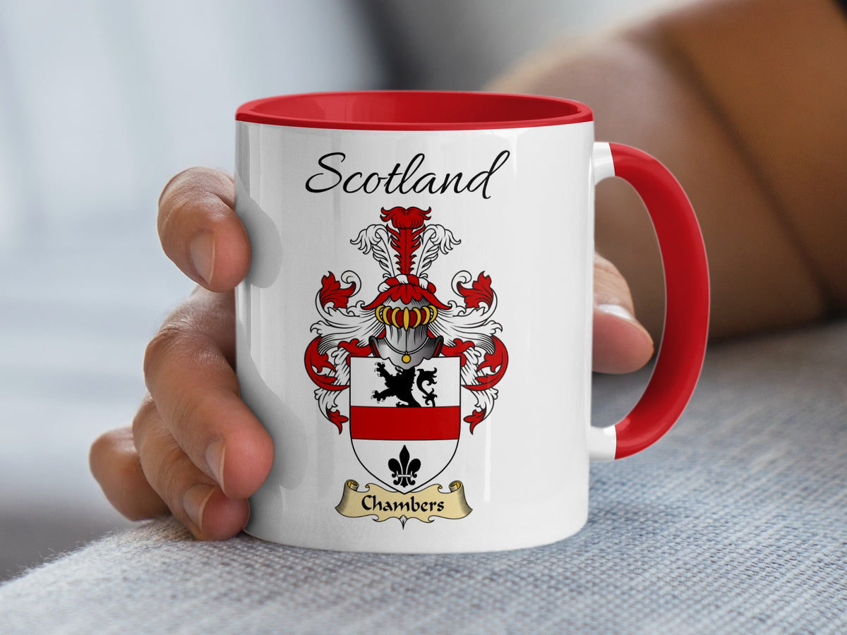 Red-accent Chambers Scottish surname mug with matching handle and interior and coat of arms artwork beneath “Scotland”.