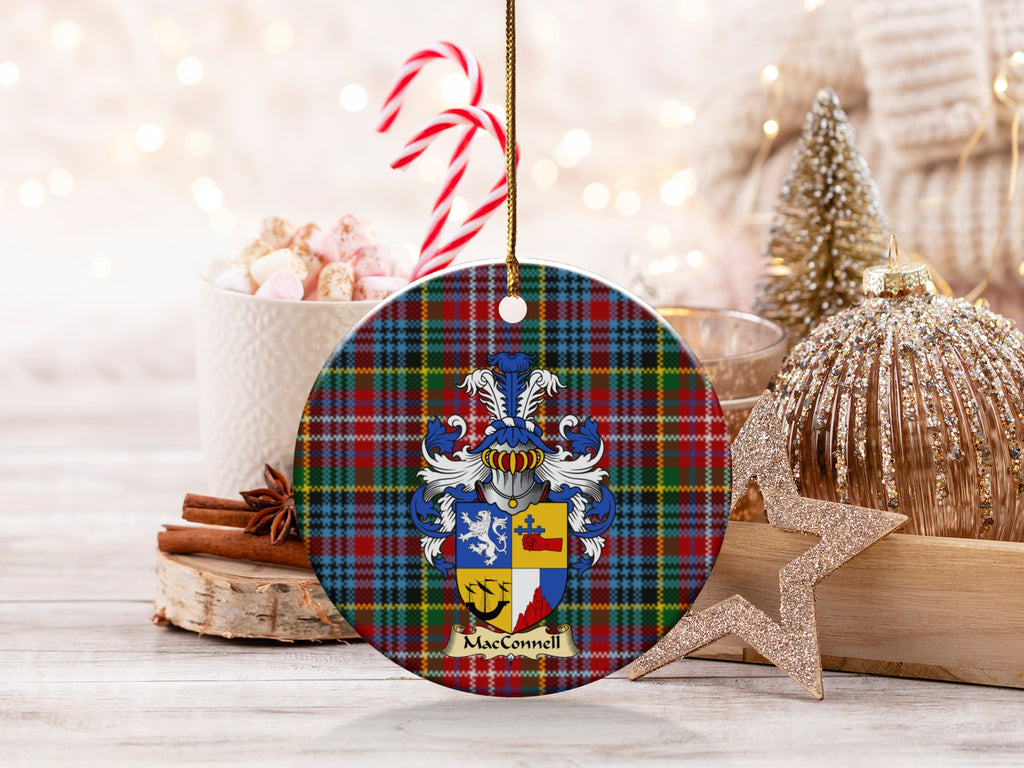 Double-sided MacConnell ceramic ornament with family shield and Caledonia tartan background