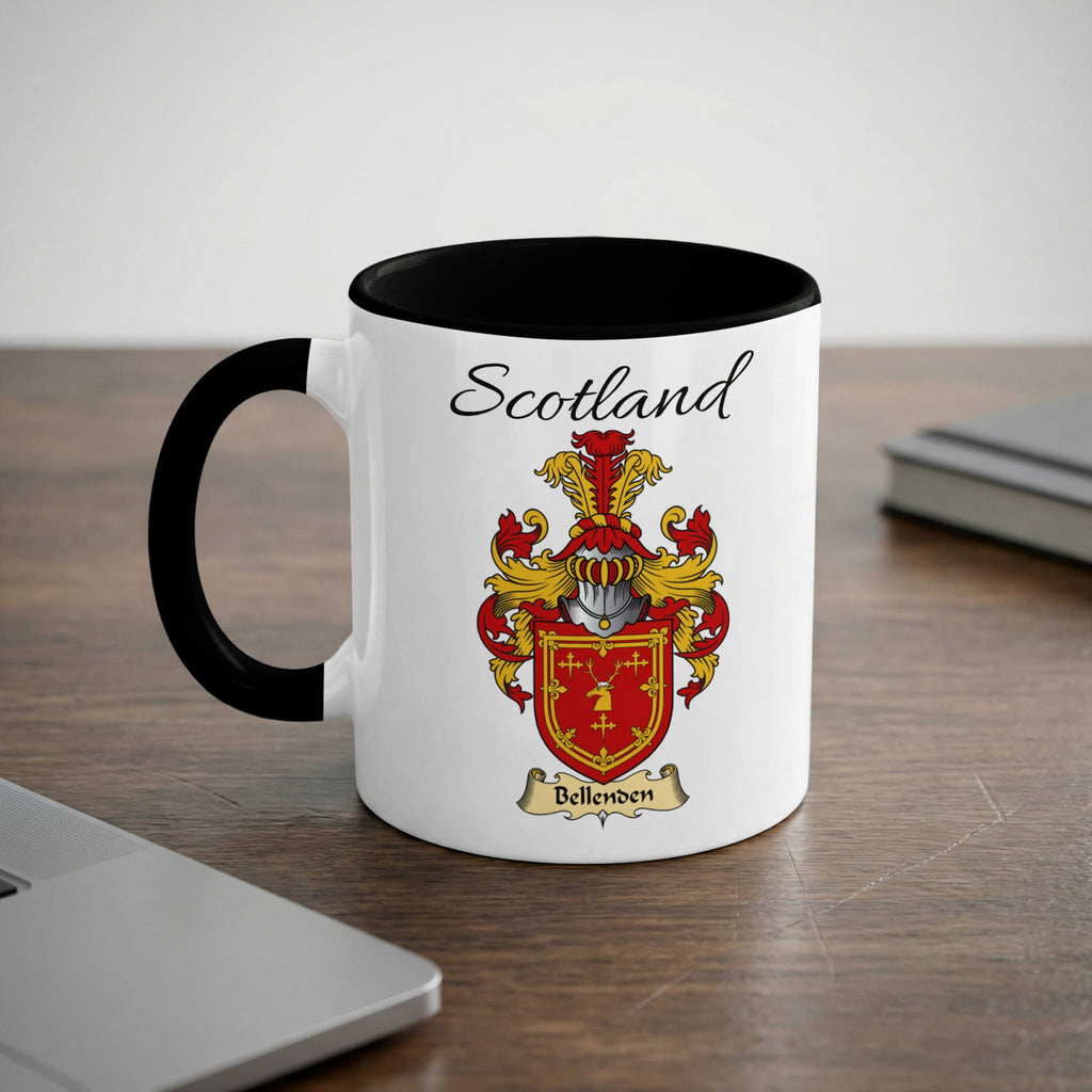 Bellenden Scottish family crest accent mug with Scotland lettering and coat of arms artwork