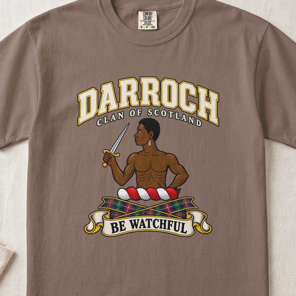 Darroch Scottish clan T-shirt in Espresso, front view with a figure holding a dagger and motto design.