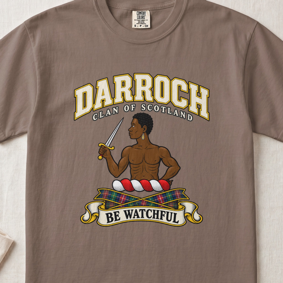 Darroch Scottish clan T-shirt in Espresso, front view with a figure holding a dagger and motto design.