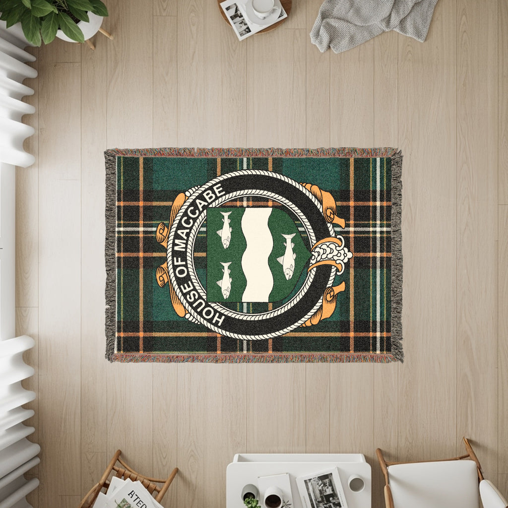 MacCabe Irish heritage woven throw with family crest emblem