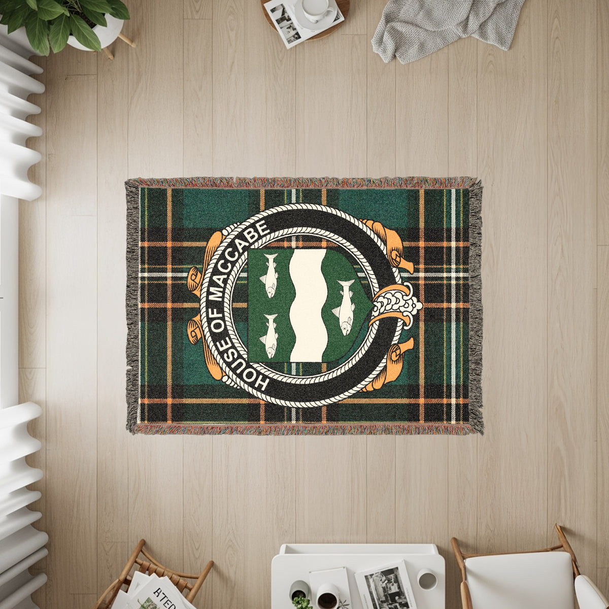 MacCabe Irish heritage woven throw with family crest emblem