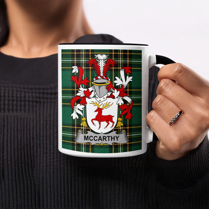 McCarthy crest on a mug with a tartan background.