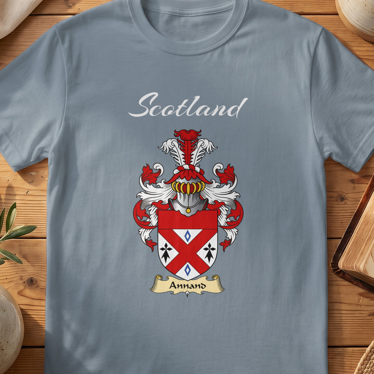Annand Scottish family shield T-shirt in Stone Blue