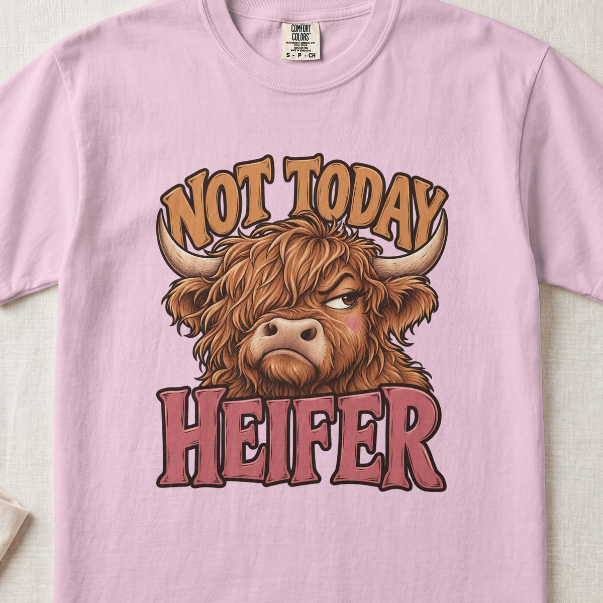Not Today Heifer Highland cow design on a Blossom Comfort Colors 1717 T-shirt, flat lay