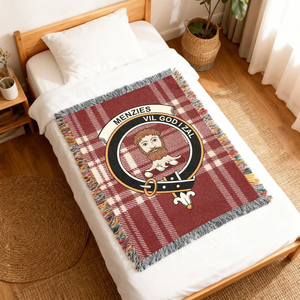 Menzies Vil God I Zal tartan woven throw blanket on sofa — clan colours in cotton