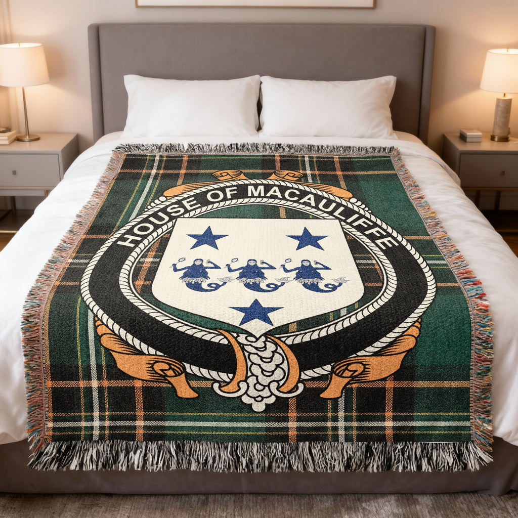 Macauliffe Irish National Tartan woven blanket with family crest emblem