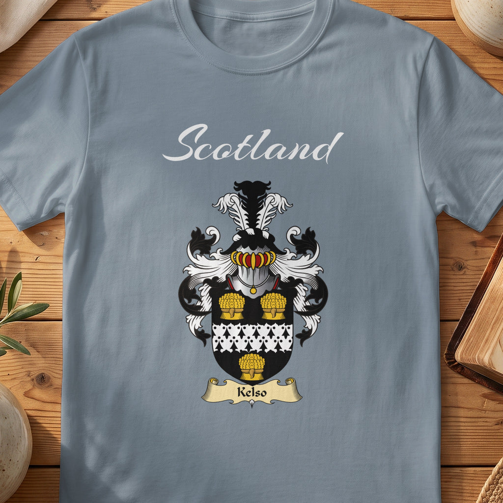 Kelso Scottish family shield T-shirt in Stone Blue