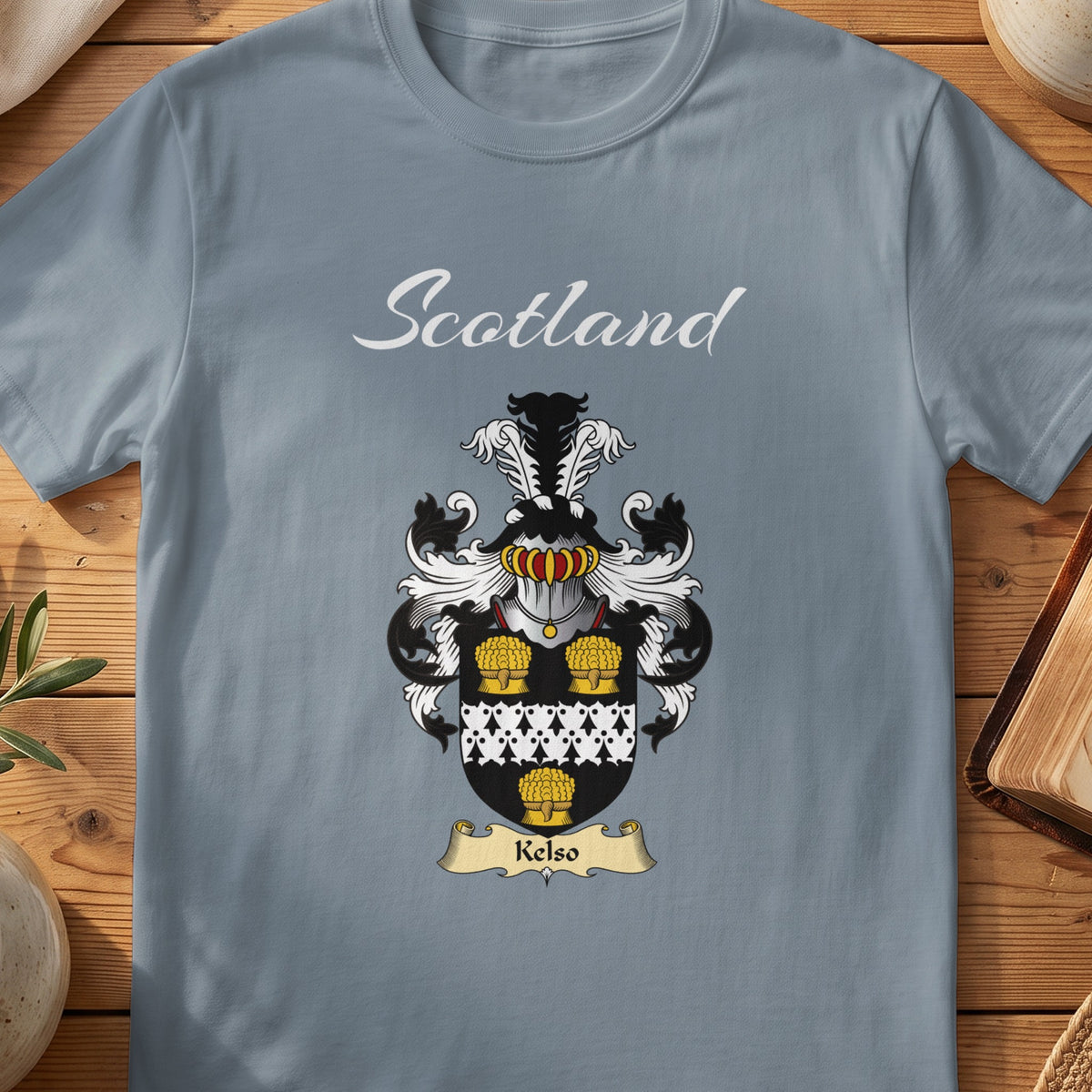 Kelso Scottish family shield T-shirt in Stone Blue