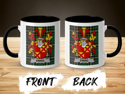 White mug with black interior, displaying the Ewing family crest on front and back.