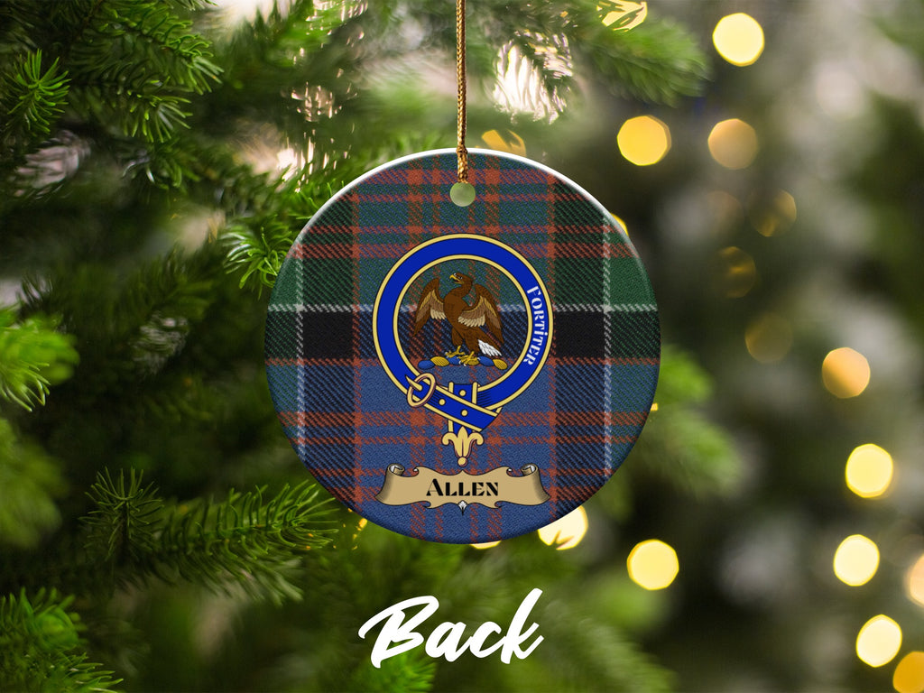 Allen crest with Fortiter motto banner on round tartan ceramic ornament
